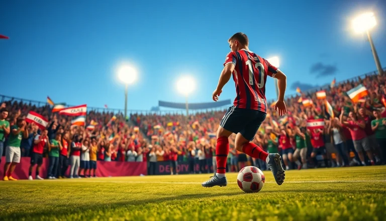 축구중계 중 열정적인 축구선수가 공을 드리블하는 모습