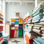 Katoen stoffen prachtig uitgestald in een lichte stoffenwinkel met verschillende kleuren en texturen.