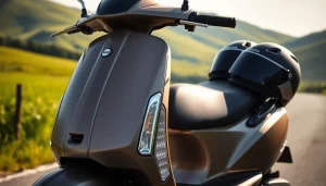 motorroller 50ccm auf einer malerischen Landstraße mit grünem Hintergrund.