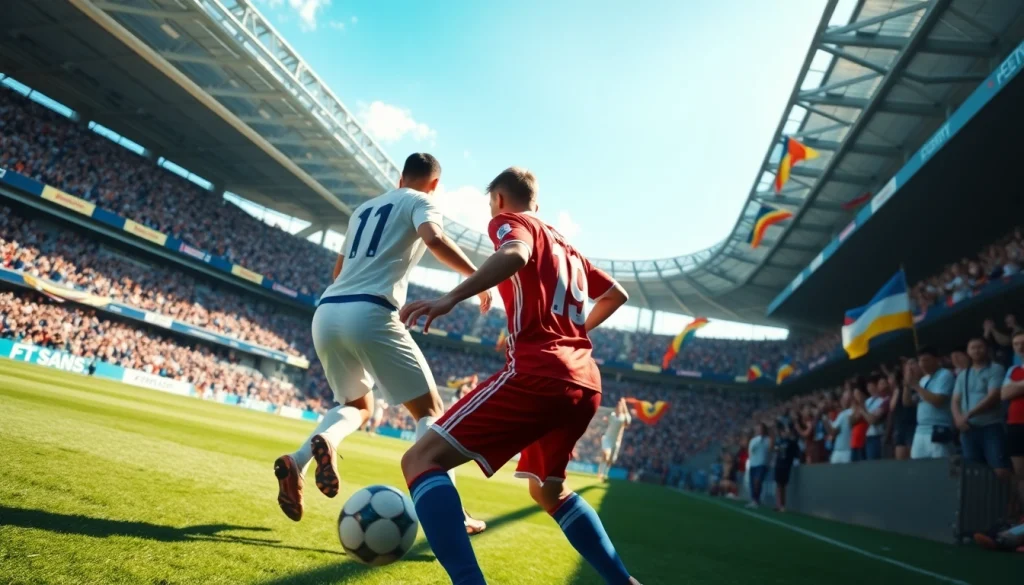 축구중계 중 선수들이 경기하는 모습과 관중의 열광적인 반응을 담은 장면