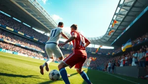 축구중계 중 선수들이 경기하는 모습과 관중의 열광적인 반응을 담은 장면