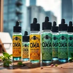 Präsentation von Oxva Liquid Flaschen mit urbanem Hintergrund und frischen Farben.