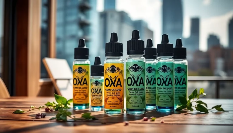 Präsentation von Oxva Liquid Flaschen mit urbanem Hintergrund und frischen Farben.