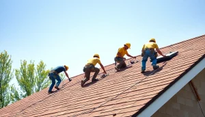 Delivering reliable roofing services with a professional team installing quality shingles on a sunny day.