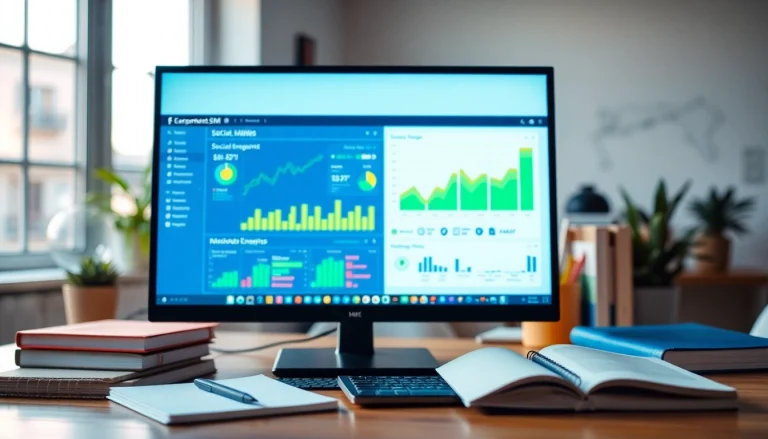 Engaging visual of a facebook smm panel analytics dashboard in a bright office setting.