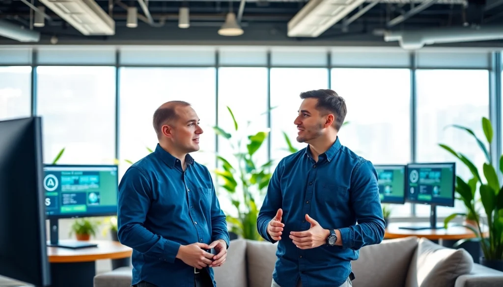 Proxmox Virtualization Experts collaborating in a modern office environment with advanced technology.