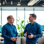 Proxmox Virtualization Experts collaborating in a modern office environment with advanced technology.