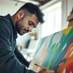 Stijlvolle kunstenaar schildert op een canvas in een verlichte studio.