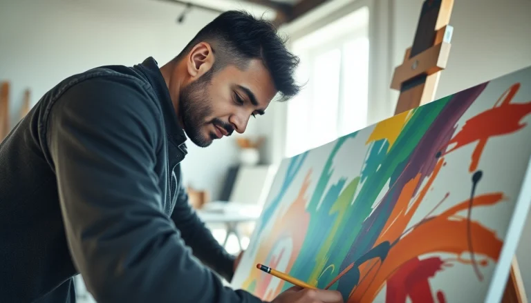 Stijlvolle kunstenaar schildert op een canvas in een verlichte studio.