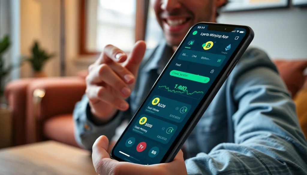 Interactive display of a crypto mining app on a smartphone, showcasing user engagement and excitement.