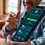 Interactive display of a crypto mining app on a smartphone, showcasing user engagement and excitement.