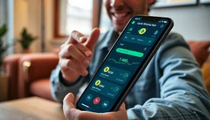 Interactive display of a crypto mining app on a smartphone, showcasing user engagement and excitement.