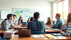 Engaging Education scene with students actively learning in a bright classroom environment.