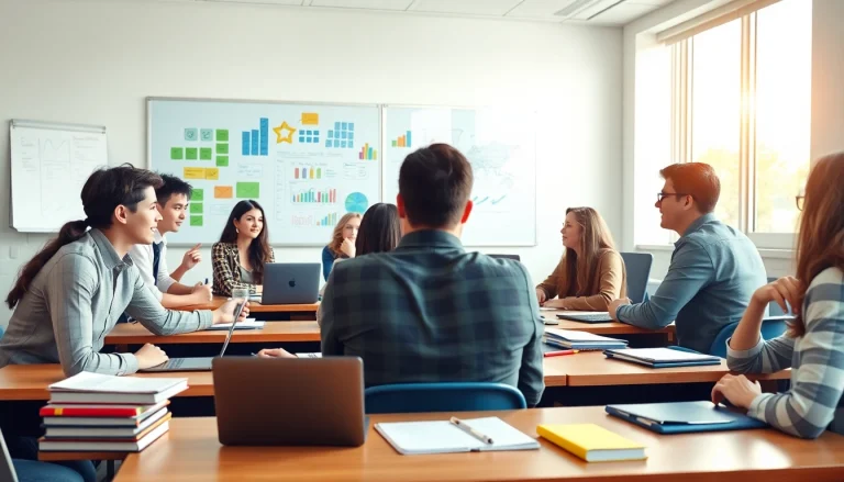 Engaging Education scene with students actively learning in a bright classroom environment.