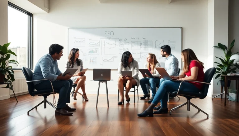 Engaged professionals at a seo agency strategizing digital marketing solutions.