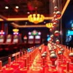 Permainan Situs Plinko yang menarik dengan papan warna-warni dan bola yang jatuh.