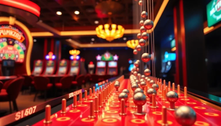 Permainan Situs Plinko yang menarik dengan papan warna-warni dan bola yang jatuh.