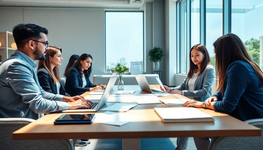 Équipe professionnelle au sein d'une agence de traduction collaborant sur des projets de traduction.