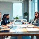Équipe professionnelle au sein d'une agence de traduction collaborant sur des projets de traduction.