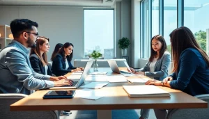 Équipe professionnelle au sein d'une agence de traduction collaborant sur des projets de traduction.