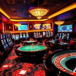 Dynamic casino scene illustrating link vao 12bet excitement with players and vibrant gaming tables.