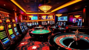 Dynamic casino scene illustrating link vao 12bet excitement with players and vibrant gaming tables.