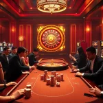 Experience excitement at kkwin com with players enjoying poker and roulette in a luxurious casino environment.