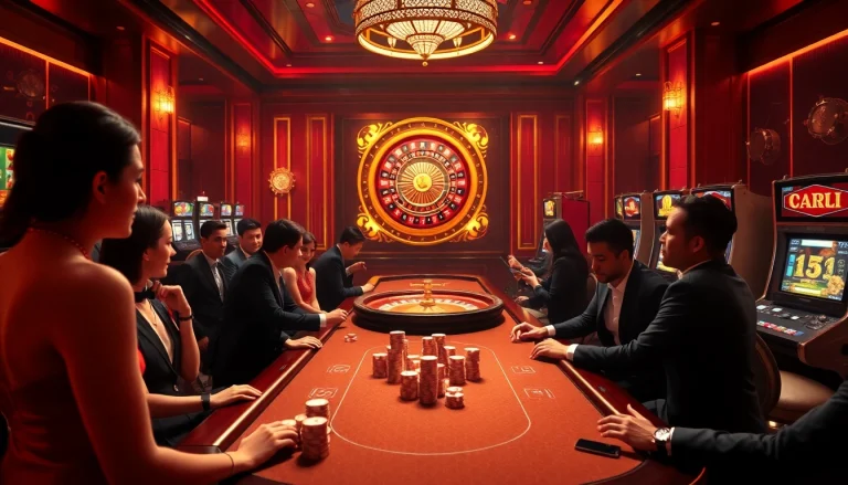 Experience excitement at kkwin com with players enjoying poker and roulette in a luxurious casino environment.