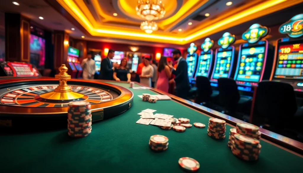 Experience the excitement at RR88 with vibrant casino visuals of poker, roulette, and slot machines.