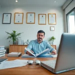 Certified translator working in a professional office setting, embodying the essence of traducător autorizat.