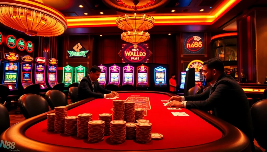 Experience a thrilling game atmosphere at nhà cái nh88 with poker chips, cards, and a roulette wheel.