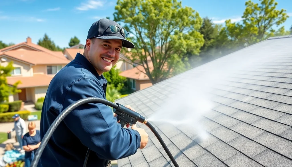 Roof cleaning service in action with a technician soft washing a residential roof, enhancing curb appeal.