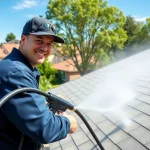 Roof cleaning service in action with a technician soft washing a residential roof, enhancing curb appeal.