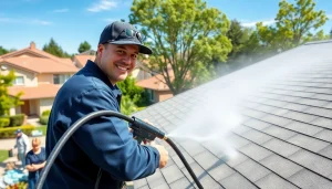 Roof cleaning service in action with a technician soft washing a residential roof, enhancing curb appeal.