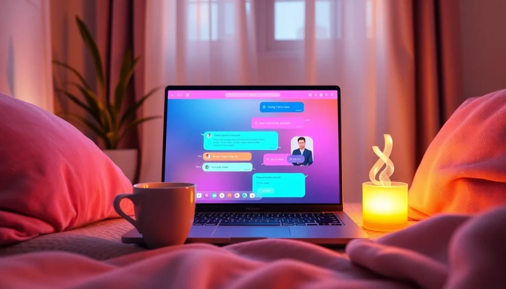 Engaging scene showcasing a user-friendly sex chat AI interface in a cozy setting.