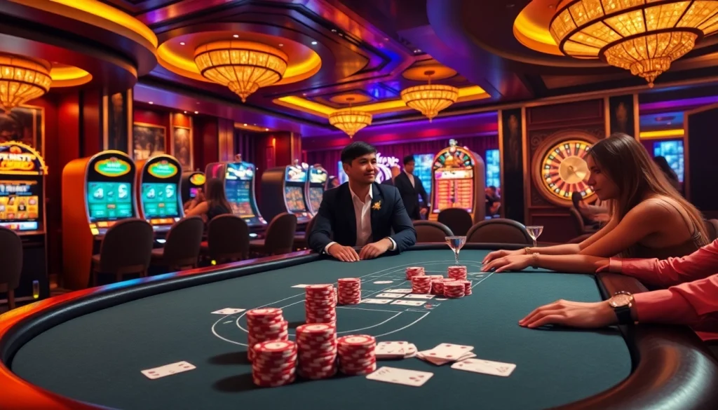 Engage with W88 link at a luxurious casino, featuring exciting poker tables and vibrant slot machines.