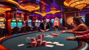 Engage with W88 link at a luxurious casino, featuring exciting poker tables and vibrant slot machines.
