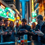 Engaging scene of friends using sports betting sites Canada in a lively bar atmosphere.
