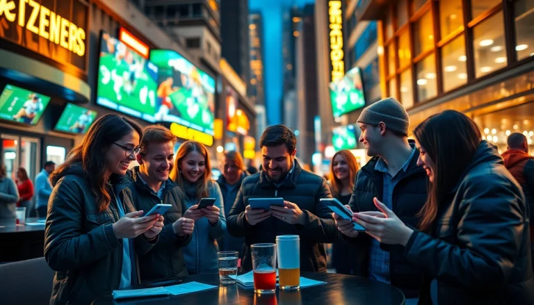 Engaging scene of friends using sports betting sites Canada in a lively bar atmosphere.