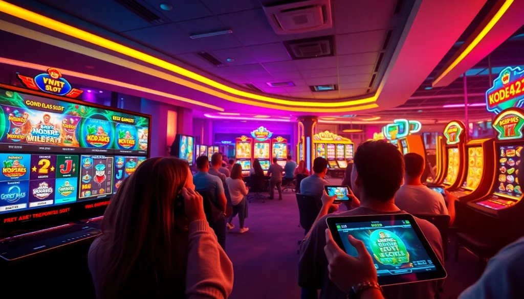 Kode4d slot games on vibrant digital screens, inviting and exciting online gaming atmosphere.