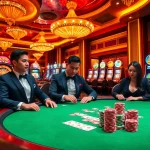 Players strategizing at a poker table while enjoying the offerings of KJC at https://kjc.pizza/ in a luxurious casino setting.