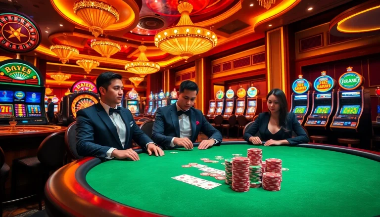 Players strategizing at a poker table while enjoying the offerings of KJC at https://kjc.pizza/ in a luxurious casino setting.