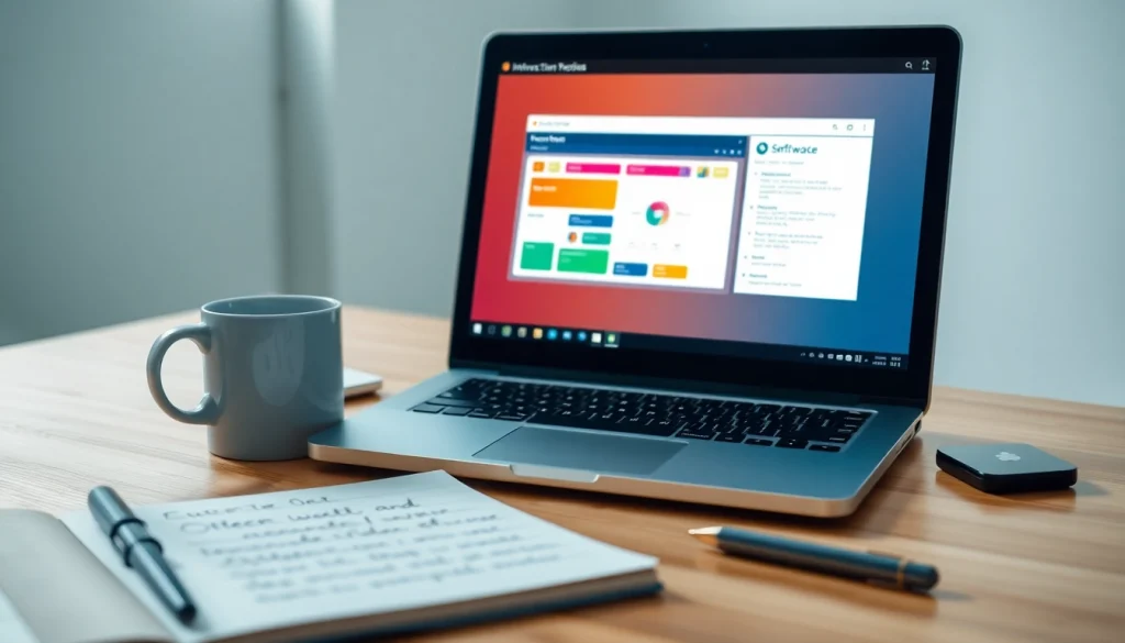 Exclusive software tutorial setup in a modern workspace with laptop and notes.