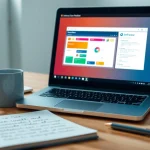 Exclusive software tutorial setup in a modern workspace with laptop and notes.