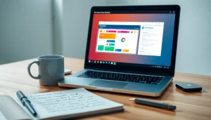 Exclusive software tutorial setup in a modern workspace with laptop and notes.