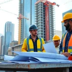 Collaborative team of New York General Contractors discussing plans at a busy construction site.