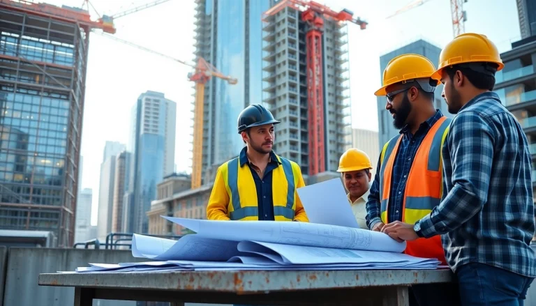 Collaborative team of New York General Contractors discussing plans at a busy construction site.