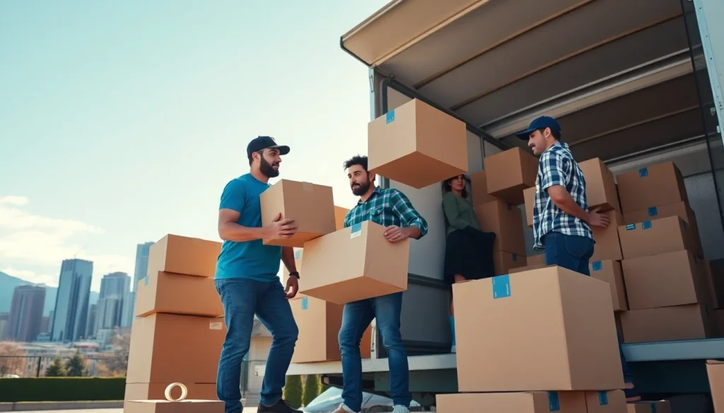 Moving company Vancouver crew efficiently loading boxes into a truck against the Vancouver skyline.
