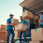 Moving company Vancouver crew efficiently loading boxes into a truck against the Vancouver skyline.