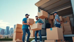 Moving company Vancouver crew efficiently loading boxes into a truck against the Vancouver skyline.